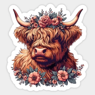 Funny highland cow with flower crown Sticker